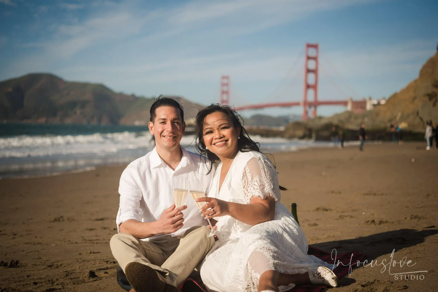An engagement portrait near the Golden Gate Bridge